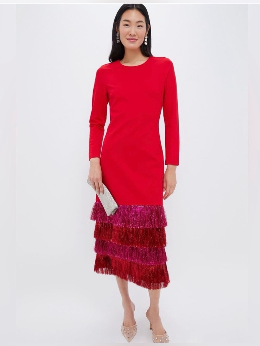 Tuckernuck Red Long-Sleeve Midi Dress with Pink & Red Fringe